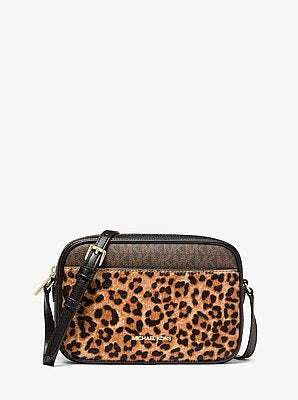 Jet Set Travel Leopard Print Calf Hair and Signature Logo Camera Crossbody Bag Comes with card holder